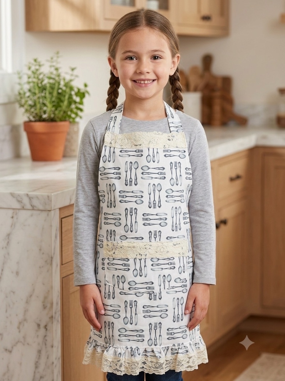 2095 - Kitchen Linen Apron with Cutlery Print - Cream and Gray